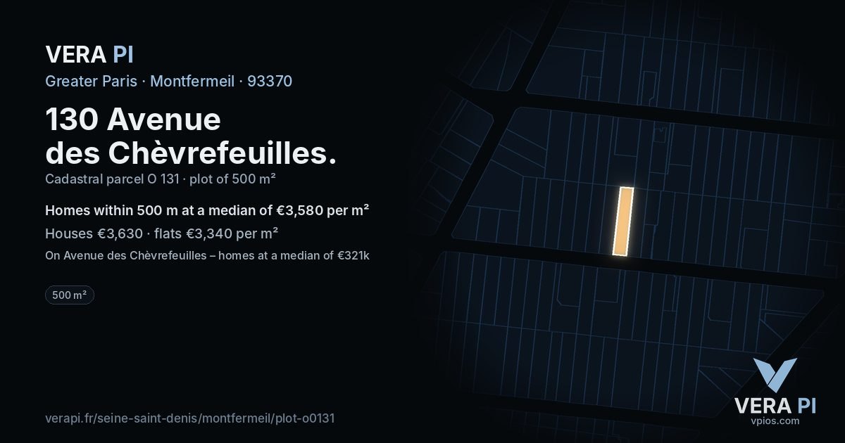 130 Avenue des Chèvrefeuilles, Montfermeil at night – the plot lit, the parcels around coloured by the prices near them