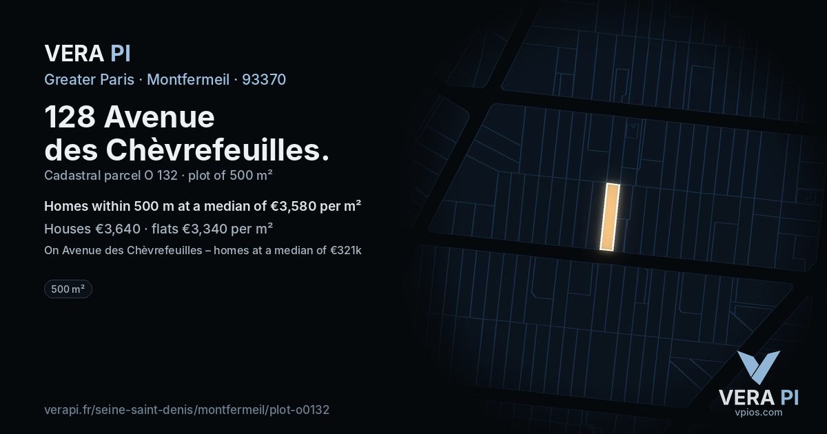 128 Avenue des Chèvrefeuilles, Montfermeil at night – the plot lit, the parcels around coloured by the prices near them