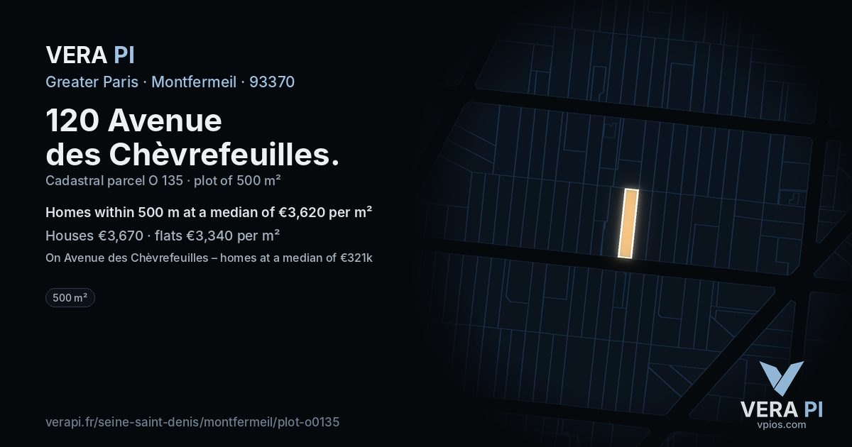 120 Avenue des Chèvrefeuilles, Montfermeil at night – the plot lit, the parcels around coloured by the prices near them