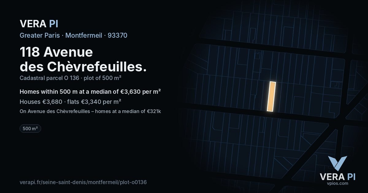 118 Avenue des Chèvrefeuilles, Montfermeil at night – the plot lit, the parcels around coloured by the prices near them