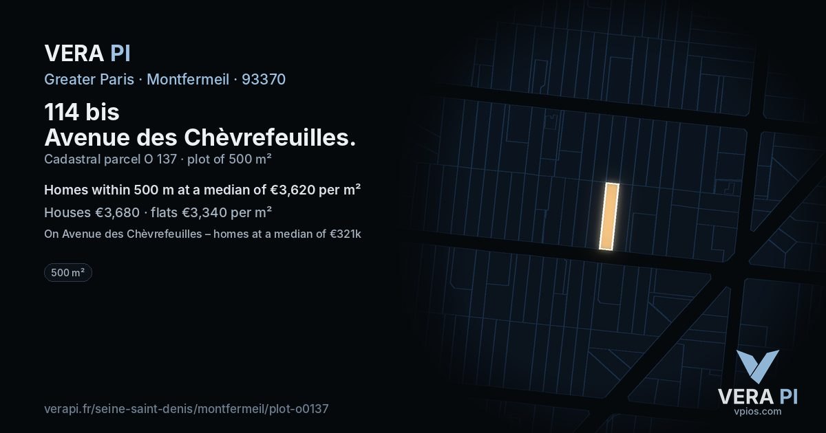 114 bis Avenue des Chèvrefeuilles, Montfermeil at night – the plot lit, the parcels around coloured by the prices near them