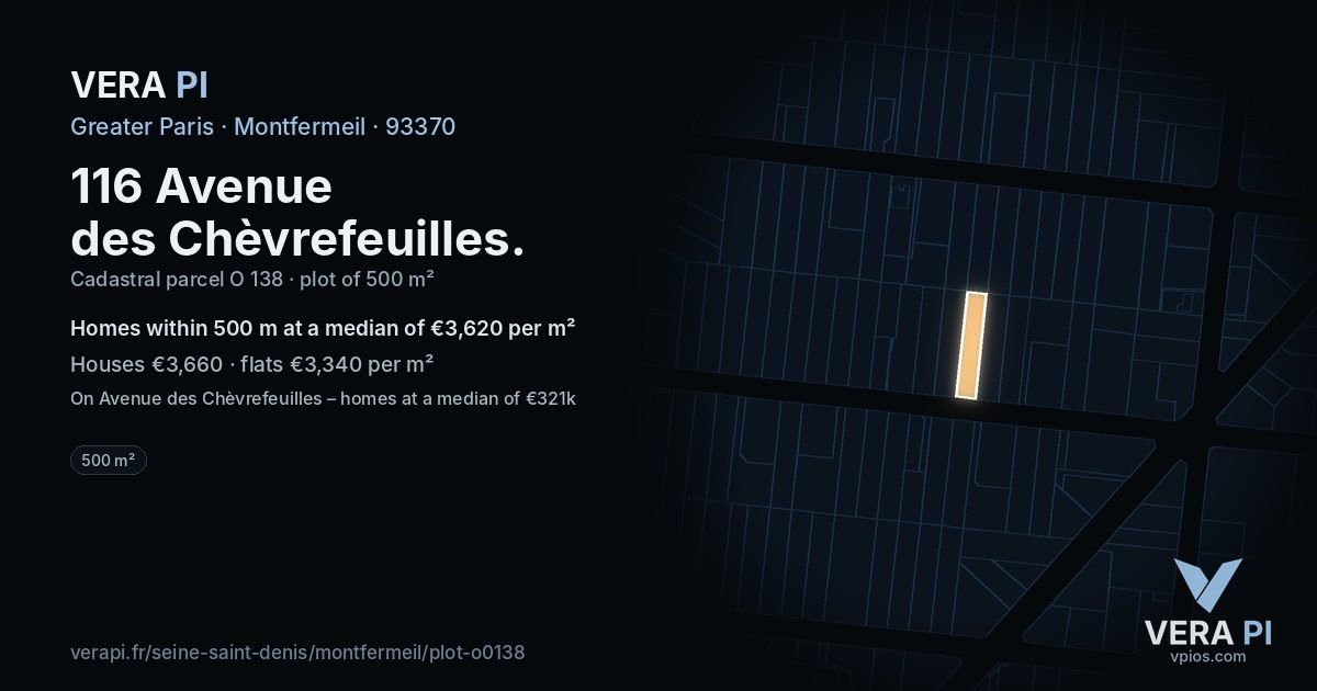 116 Avenue des Chèvrefeuilles, Montfermeil at night – the plot lit, the parcels around coloured by the prices near them