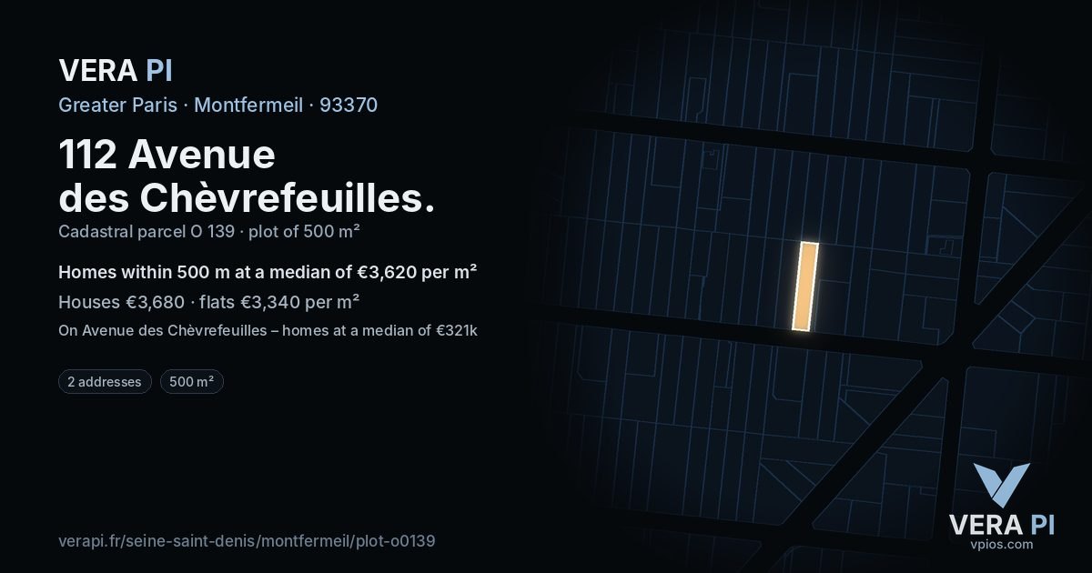 112 Avenue des Chèvrefeuilles, Montfermeil at night – the plot lit, the parcels around coloured by the prices near them