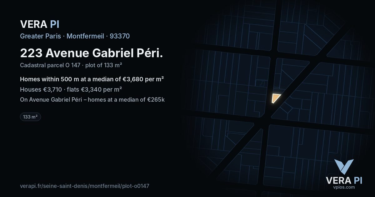223 Avenue Gabriel Péri, Montfermeil at night – the plot lit, the parcels around coloured by the prices near them
