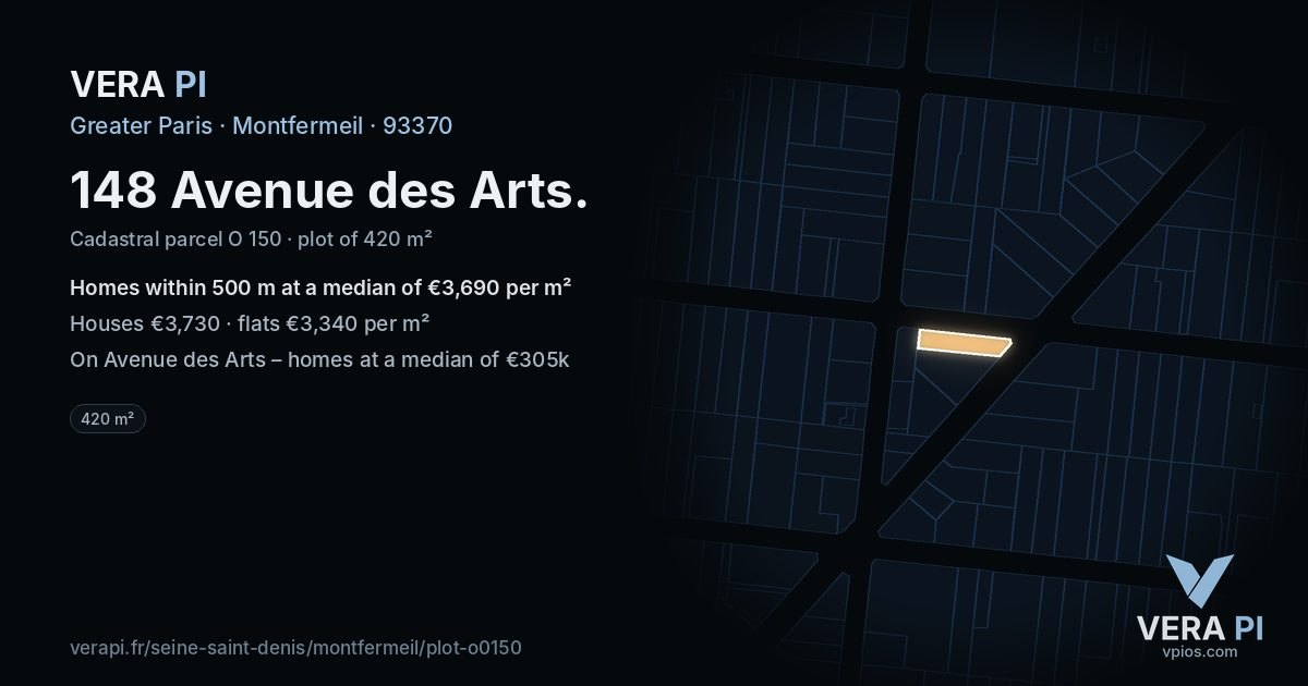 148 Avenue des Arts, Montfermeil at night – the plot lit, the parcels around coloured by the prices near them