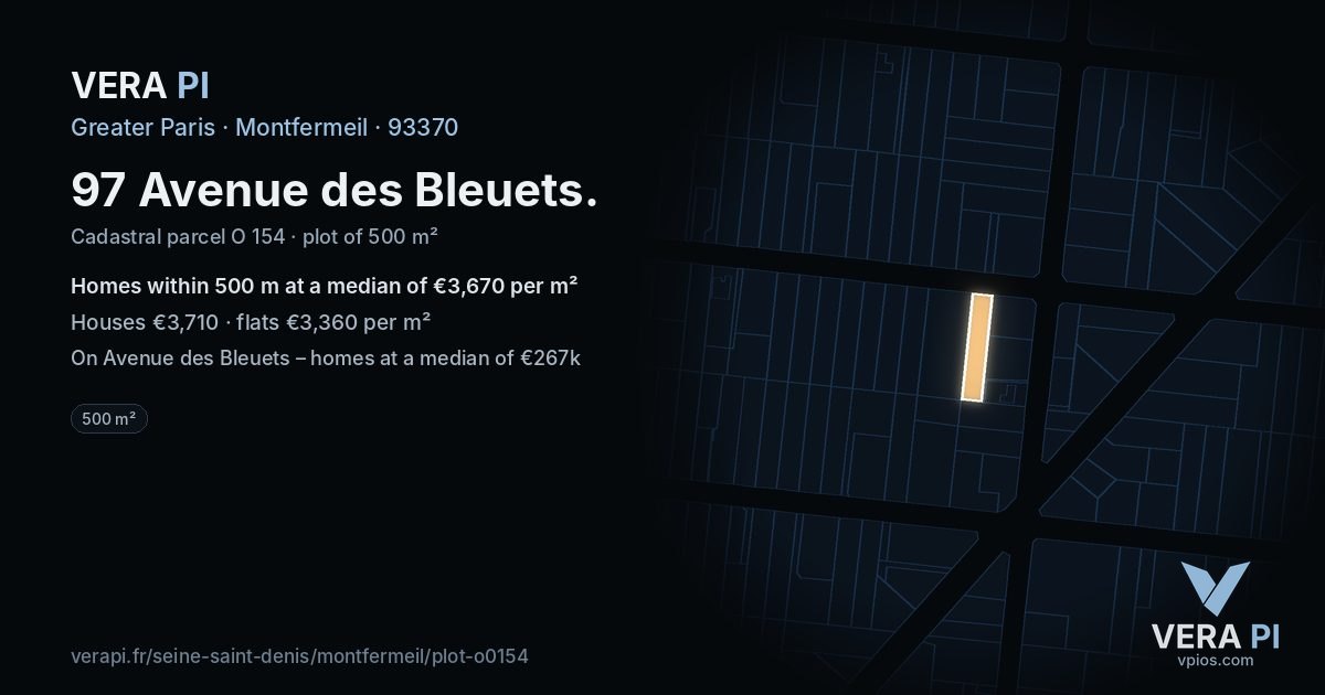 97 Avenue des Bleuets, Montfermeil at night – the plot lit, the parcels around coloured by the prices near them