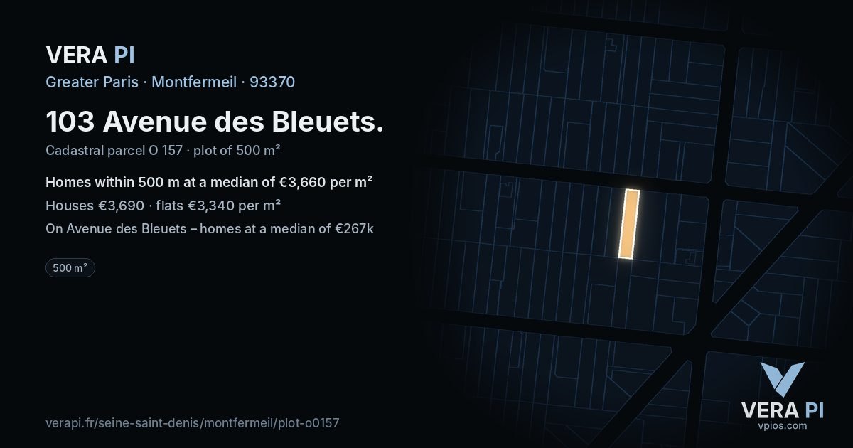 103 Avenue des Bleuets, Montfermeil at night – the plot lit, the parcels around coloured by the prices near them