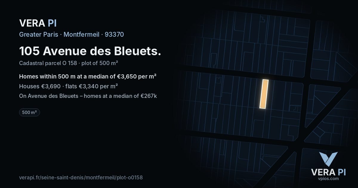 105 Avenue des Bleuets, Montfermeil at night – the plot lit, the parcels around coloured by the prices near them