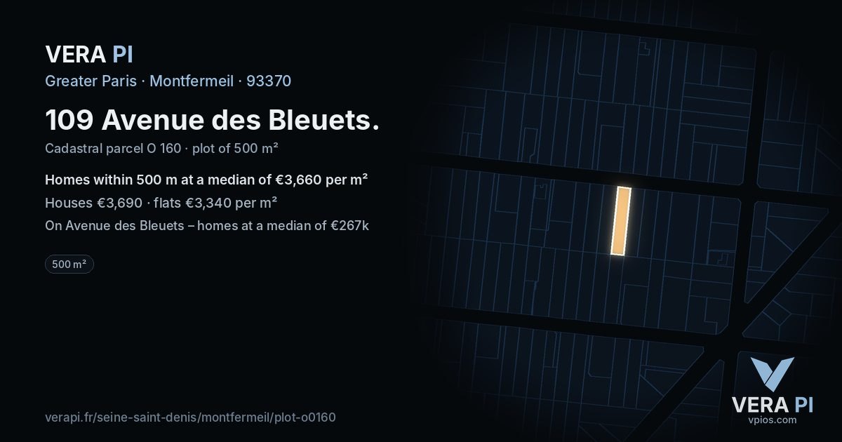 109 Avenue des Bleuets, Montfermeil at night – the plot lit, the parcels around coloured by the prices near them