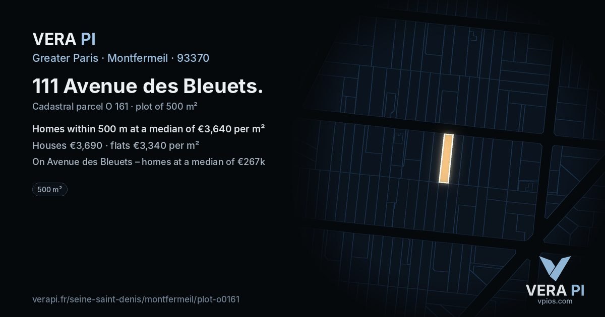 111 Avenue des Bleuets, Montfermeil at night – the plot lit, the parcels around coloured by the prices near them
