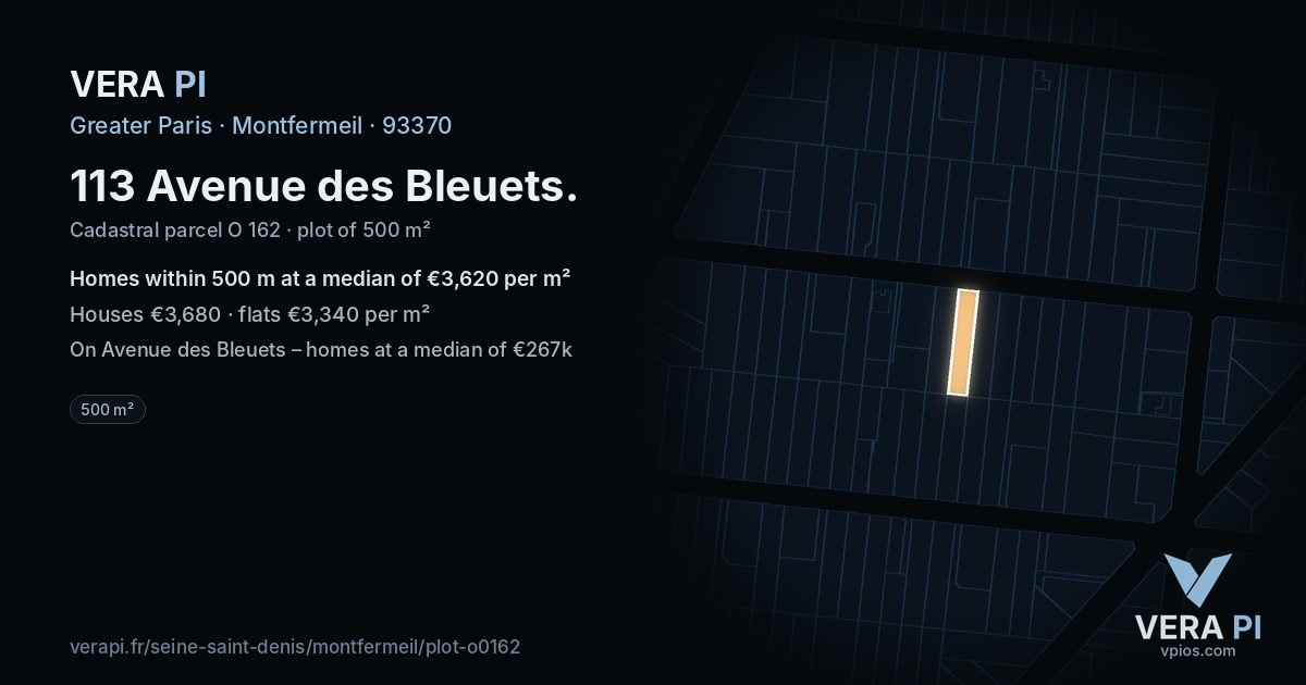 113 Avenue des Bleuets, Montfermeil at night – the plot lit, the parcels around coloured by the prices near them