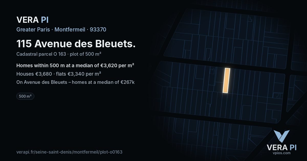 115 Avenue des Bleuets, Montfermeil at night – the plot lit, the parcels around coloured by the prices near them