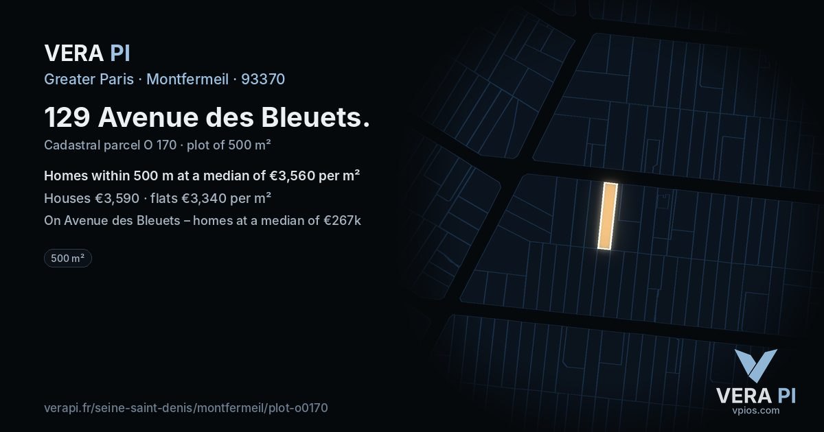 129 Avenue des Bleuets, Montfermeil at night – the plot lit, the parcels around coloured by the prices near them
