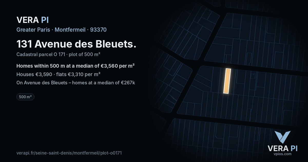 131 Avenue des Bleuets, Montfermeil at night – the plot lit, the parcels around coloured by the prices near them