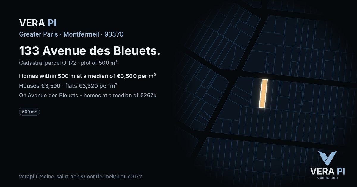 133 Avenue des Bleuets, Montfermeil at night – the plot lit, the parcels around coloured by the prices near them