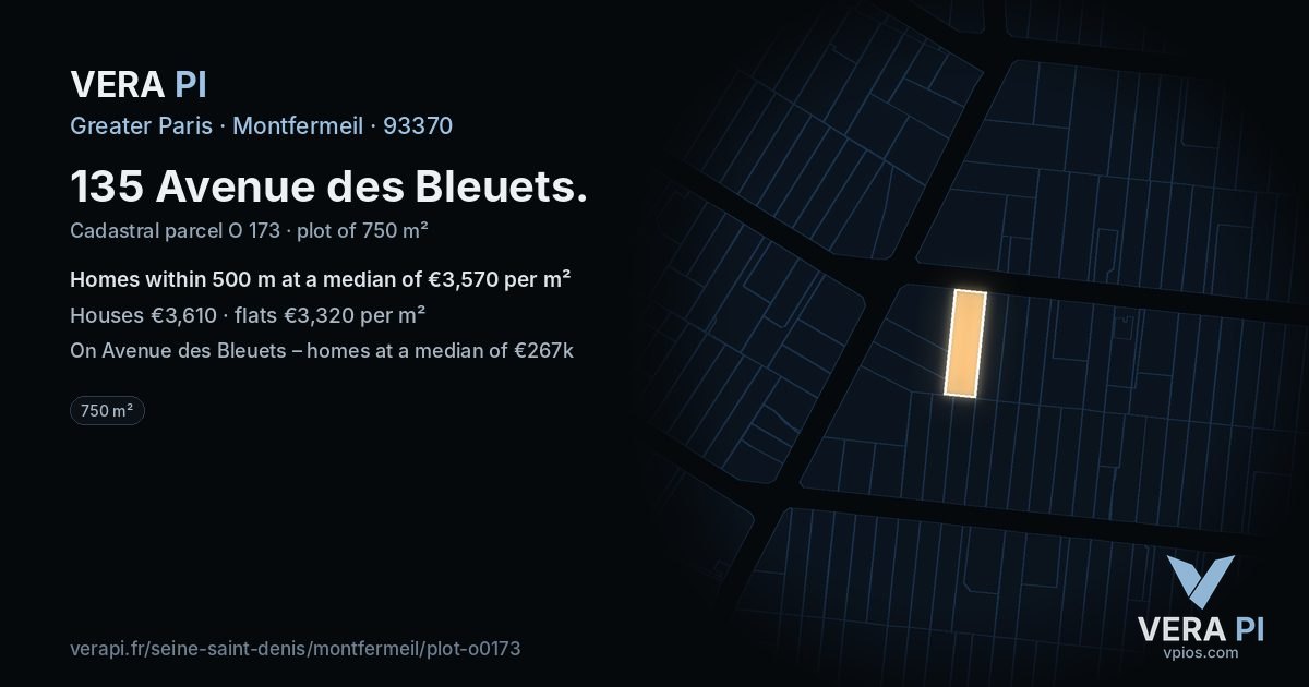 135 Avenue des Bleuets, Montfermeil at night – the plot lit, the parcels around coloured by the prices near them