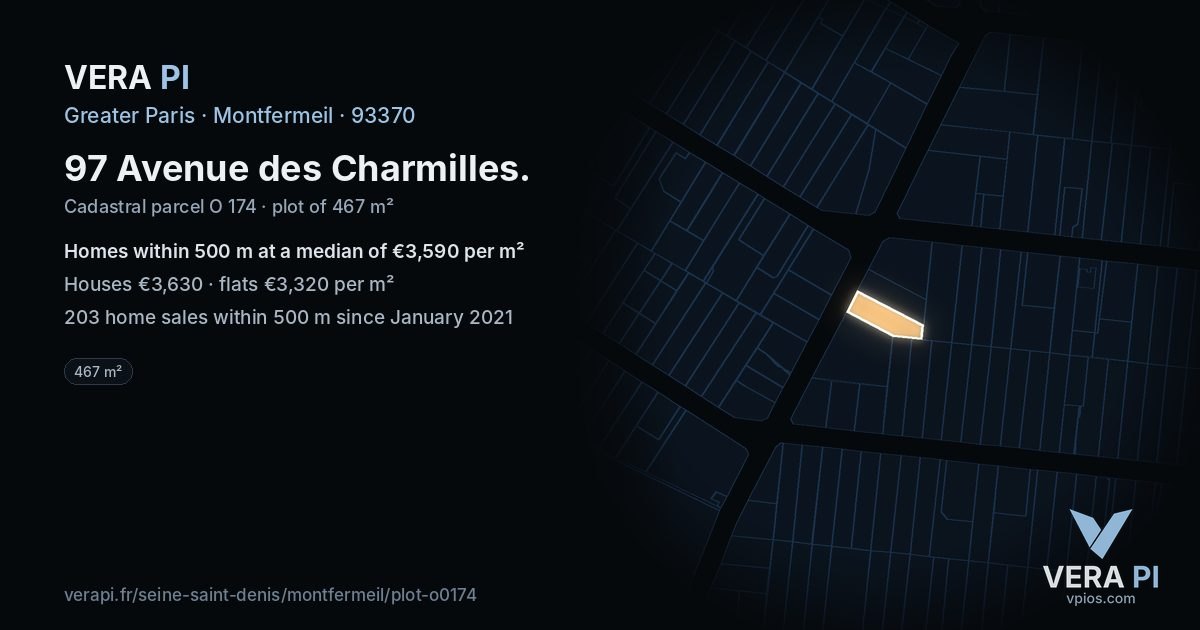 97 Avenue des Charmilles, Montfermeil at night – the plot lit, the parcels around coloured by the prices near them