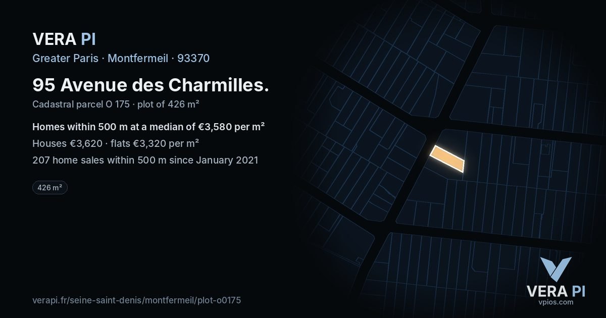 95 Avenue des Charmilles, Montfermeil at night – the plot lit, the parcels around coloured by the prices near them