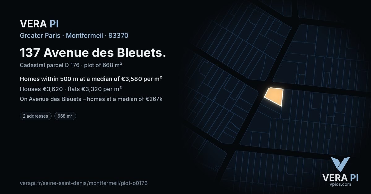 137 Avenue des Bleuets, Montfermeil at night – the plot lit, the parcels around coloured by the prices near them