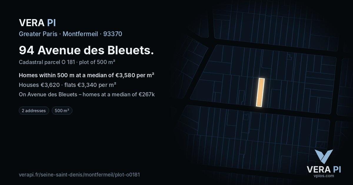 94 Avenue des Bleuets, Montfermeil at night – the plot lit, the parcels around coloured by the prices near them