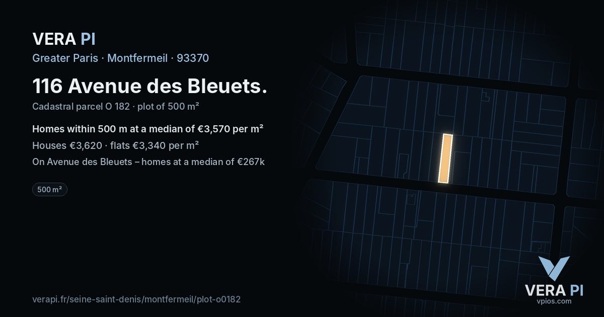 116 Avenue des Bleuets, Montfermeil at night – the plot lit, the parcels around coloured by the prices near them
