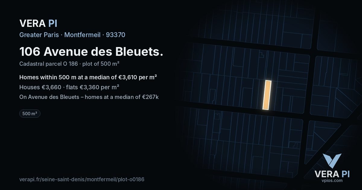 106 Avenue des Bleuets, Montfermeil at night – the plot lit, the parcels around coloured by the prices near them