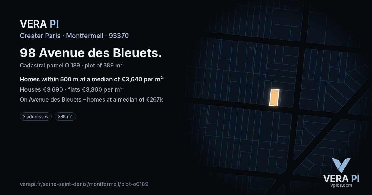 98 Avenue des Bleuets, Montfermeil at night – the plot lit, the parcels around coloured by the prices near them