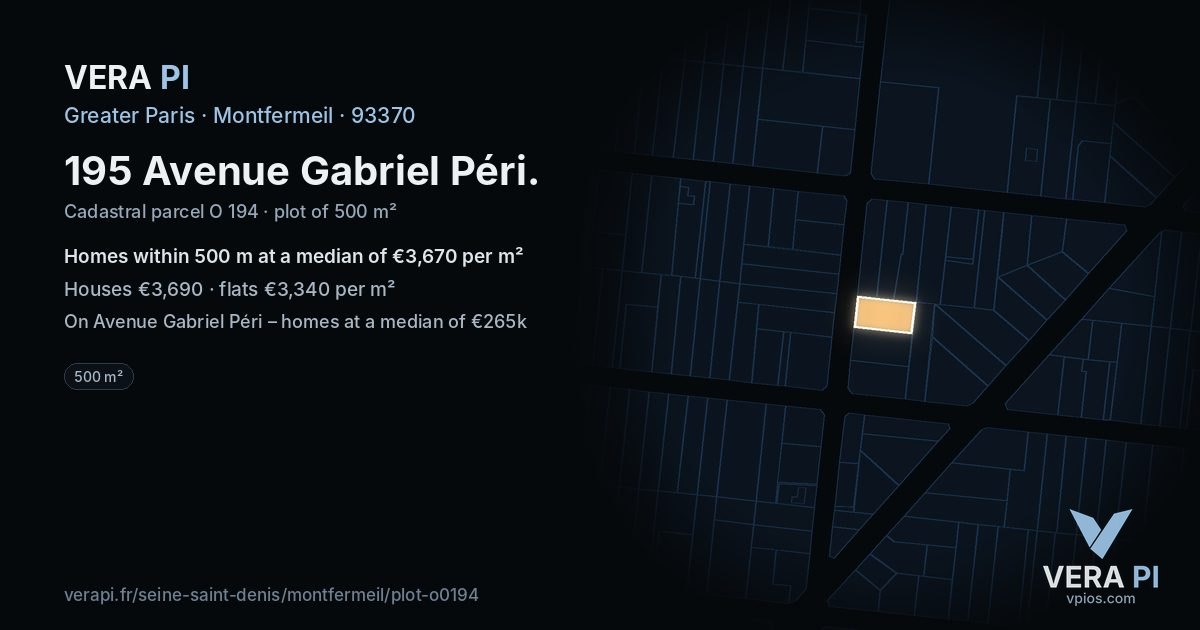 195 Avenue Gabriel Péri, Montfermeil at night – the plot lit, the parcels around coloured by the prices near them