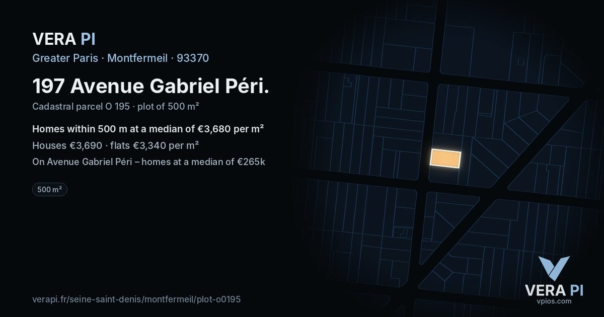 197 Avenue Gabriel Péri, Montfermeil at night – the plot lit, the parcels around coloured by the prices near them