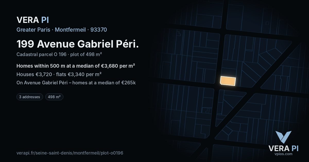 199 Avenue Gabriel Péri, Montfermeil at night – the plot lit, the parcels around coloured by the prices near them
