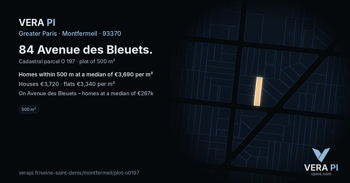 84 Avenue des Bleuets, Montfermeil at night – the plot lit, the parcels around coloured by the prices near them