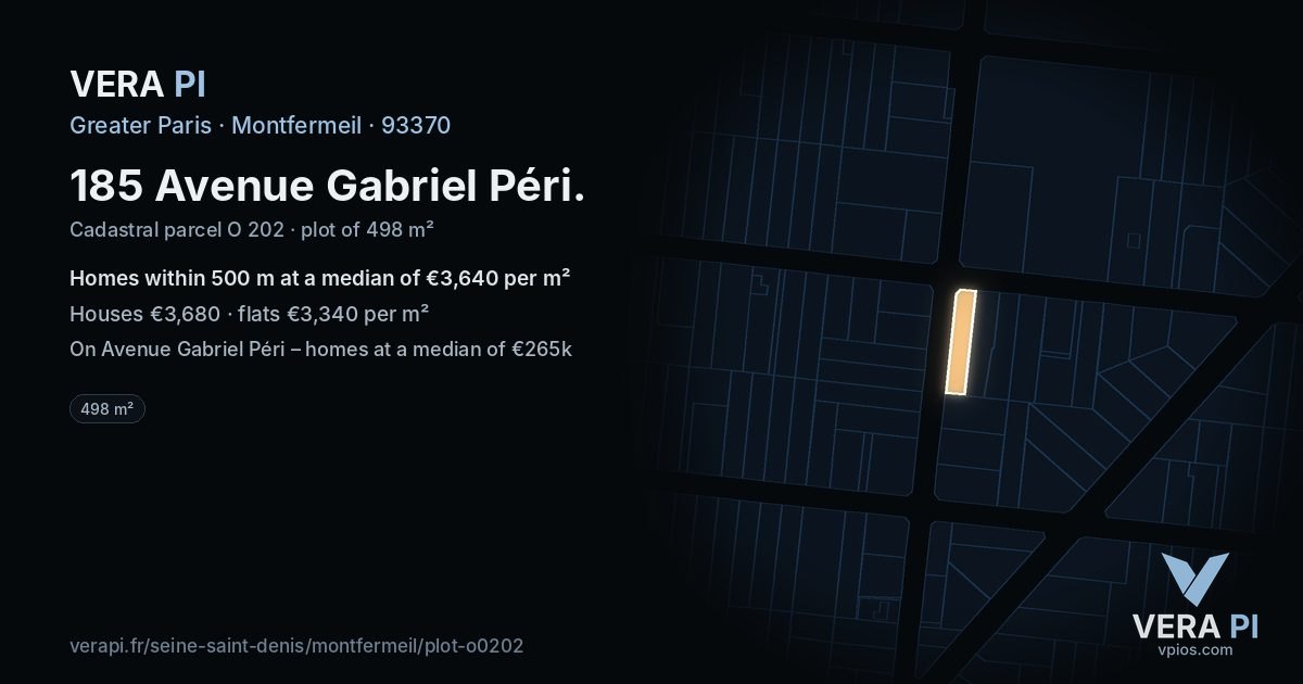 185 Avenue Gabriel Péri, Montfermeil at night – the plot lit, the parcels around coloured by the prices near them