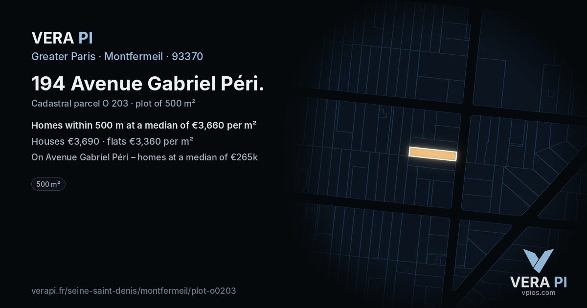 194 Avenue Gabriel Péri, Montfermeil at night – the plot lit, the parcels around coloured by the prices near them