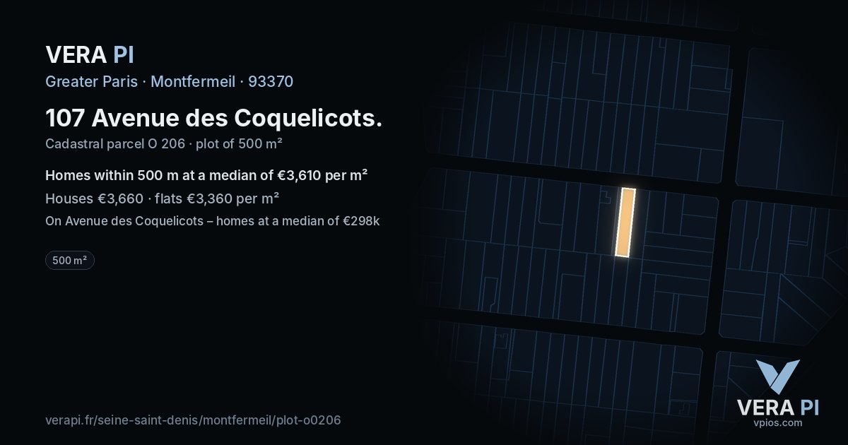 107 Avenue des Coquelicots, Montfermeil at night – the plot lit, the parcels around coloured by the prices near them