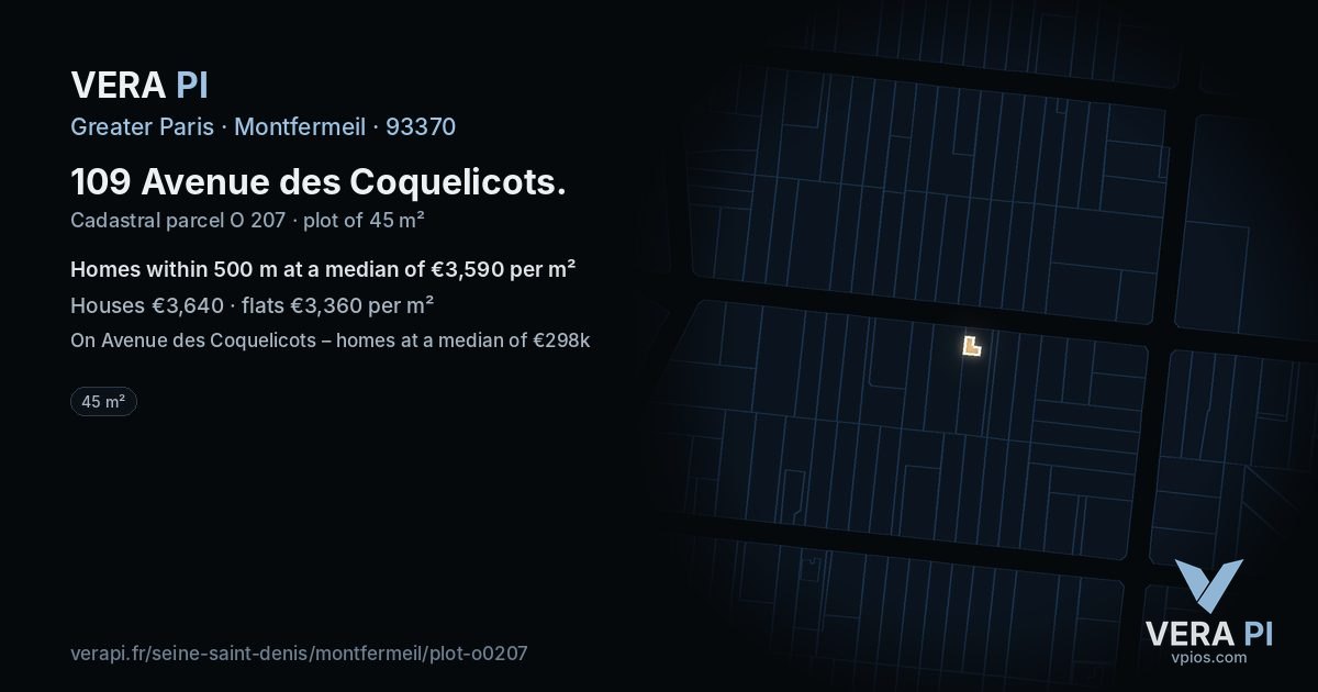 109 Avenue des Coquelicots, Montfermeil at night – the plot lit, the parcels around coloured by the prices near them