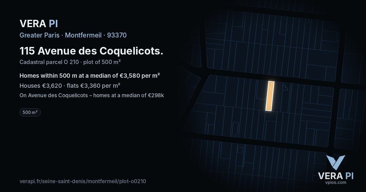 115 Avenue des Coquelicots, Montfermeil at night – the plot lit, the parcels around coloured by the prices near them