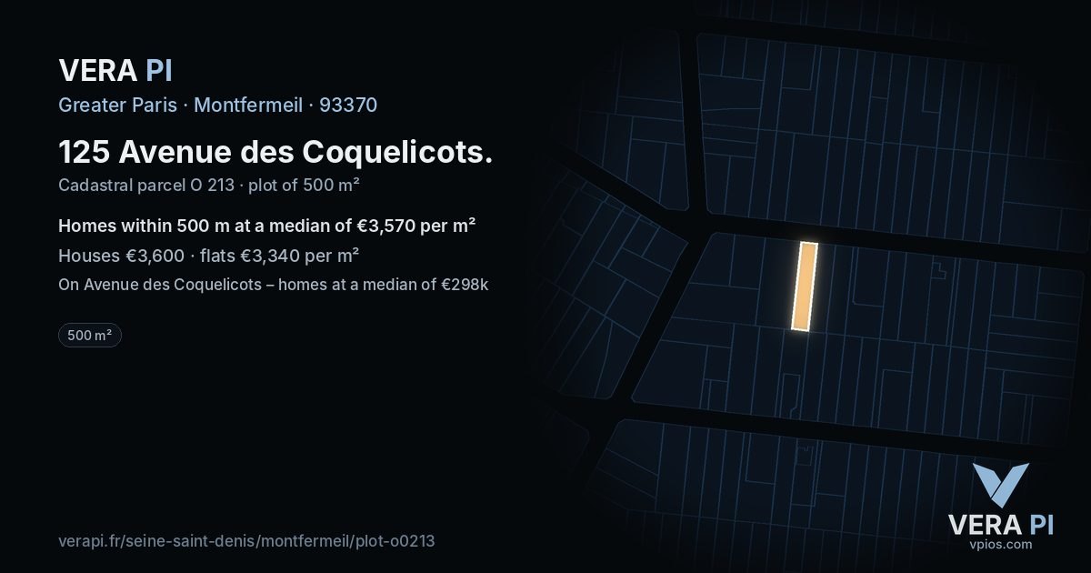 125 Avenue des Coquelicots, Montfermeil at night – the plot lit, the parcels around coloured by the prices near them