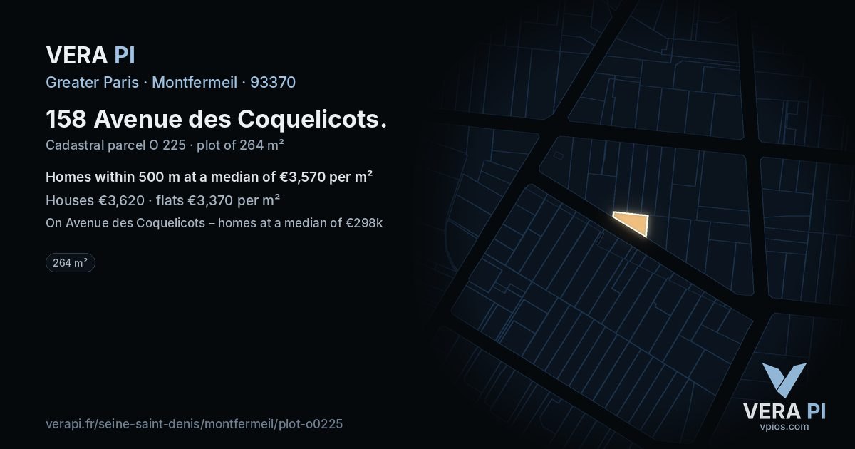 158 Avenue des Coquelicots, Montfermeil at night – the plot lit, the parcels around coloured by the prices near them