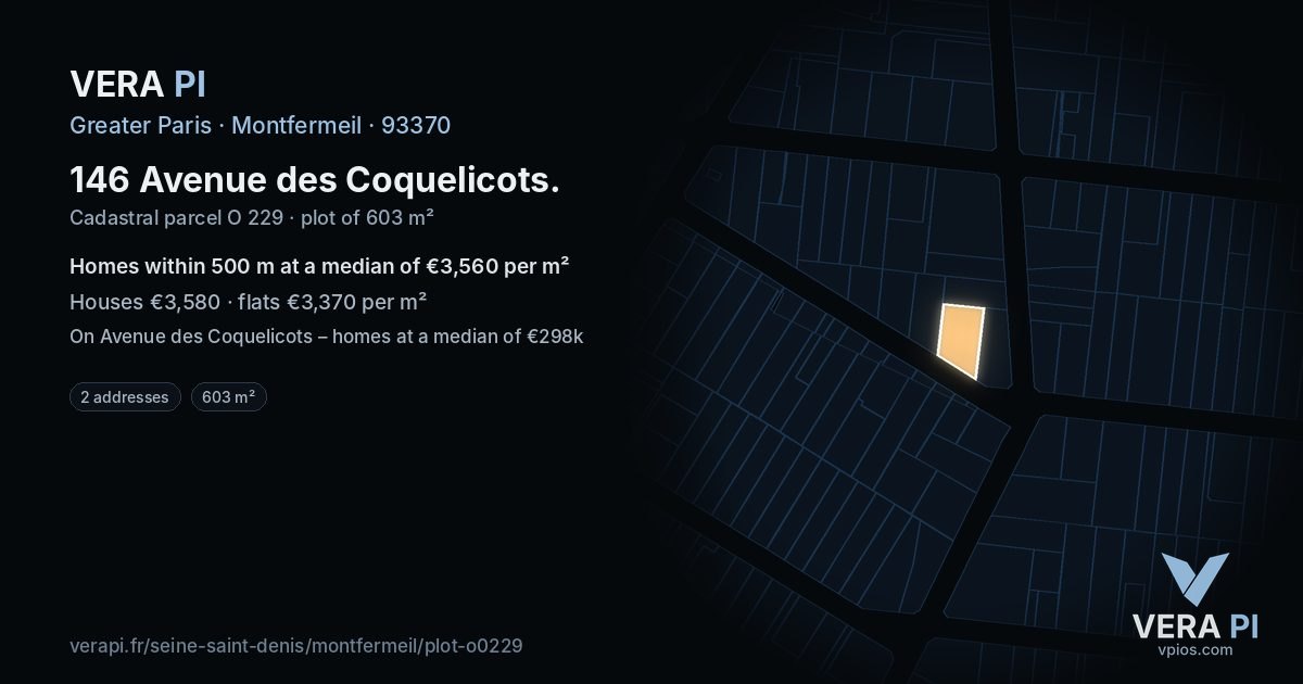 146 Avenue des Coquelicots, Montfermeil at night – the plot lit, the parcels around coloured by the prices near them