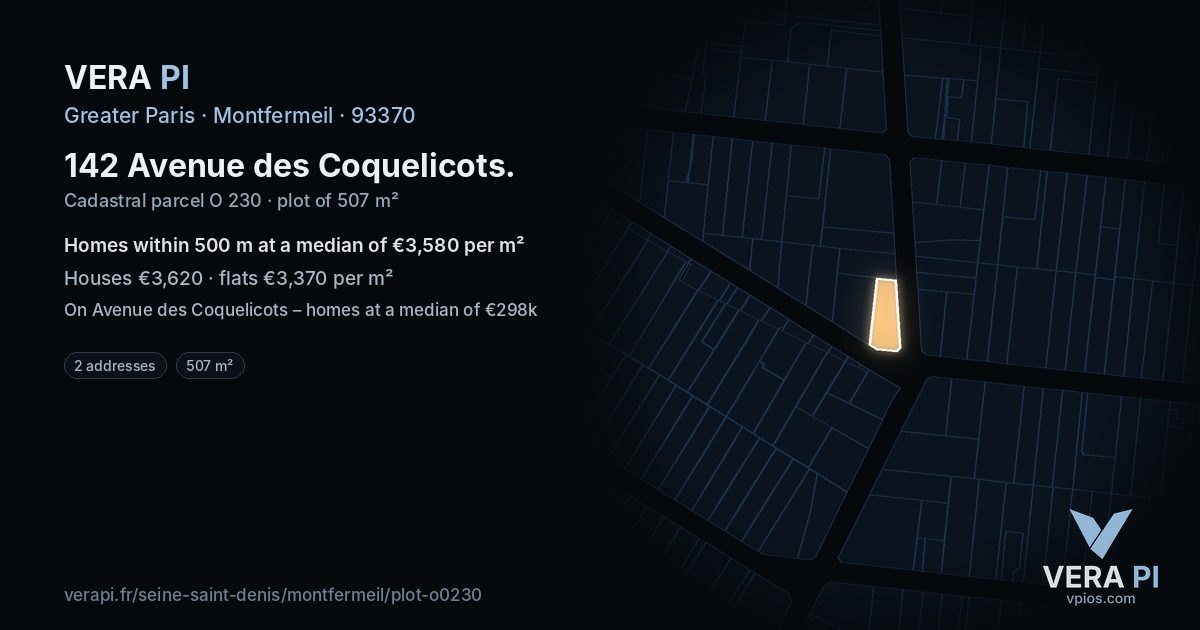 142 Avenue des Coquelicots, Montfermeil at night – the plot lit, the parcels around coloured by the prices near them
