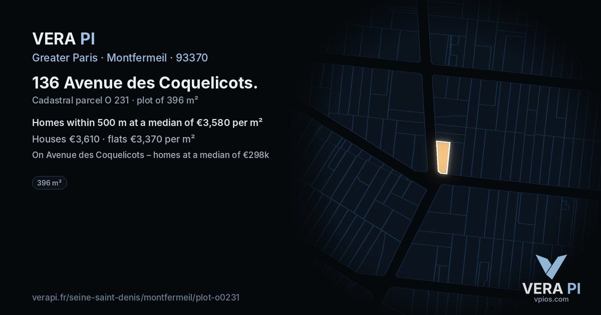 136 Avenue des Coquelicots, Montfermeil at night – the plot lit, the parcels around coloured by the prices near them