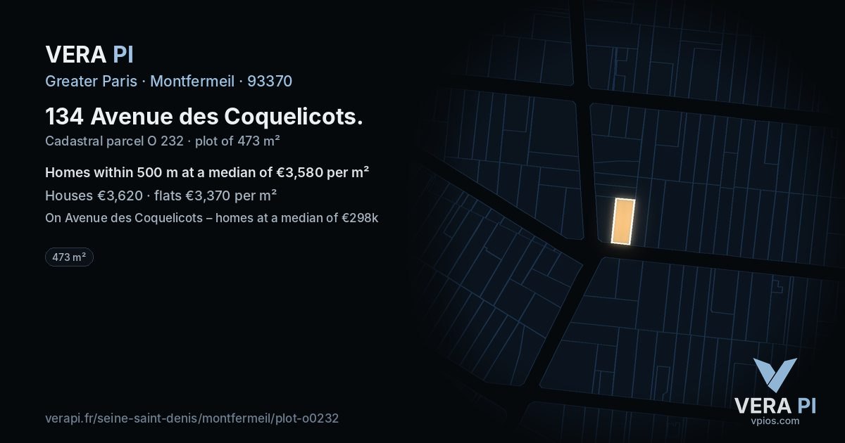 134 Avenue des Coquelicots, Montfermeil at night – the plot lit, the parcels around coloured by the prices near them