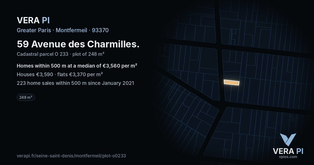 59 Avenue des Charmilles, Montfermeil at night – the plot lit, the parcels around coloured by the prices near them