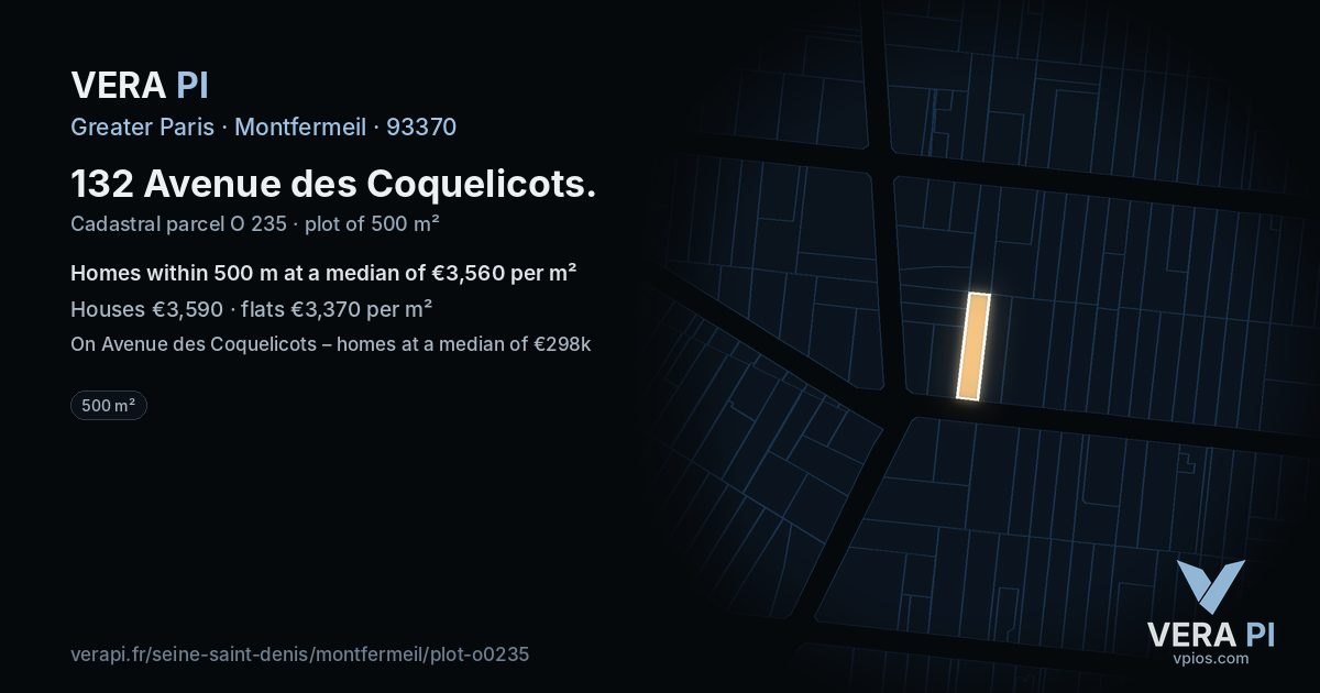 132 Avenue des Coquelicots, Montfermeil at night – the plot lit, the parcels around coloured by the prices near them