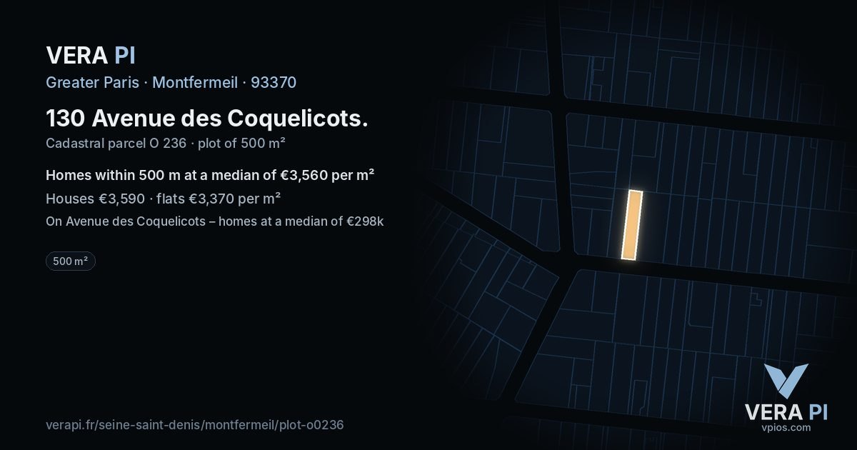 130 Avenue des Coquelicots, Montfermeil at night – the plot lit, the parcels around coloured by the prices near them