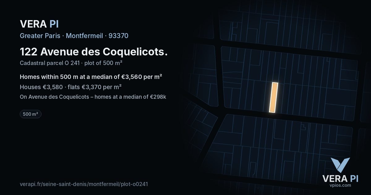 122 Avenue des Coquelicots, Montfermeil at night – the plot lit, the parcels around coloured by the prices near them