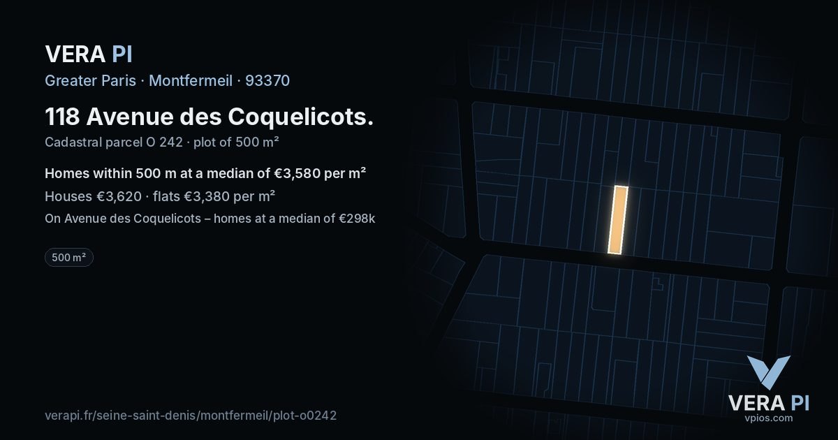 118 Avenue des Coquelicots, Montfermeil at night – the plot lit, the parcels around coloured by the prices near them