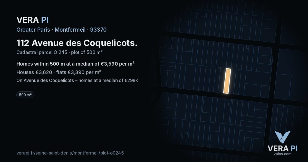 112 Avenue des Coquelicots, Montfermeil at night – the plot lit, the parcels around coloured by the prices near them