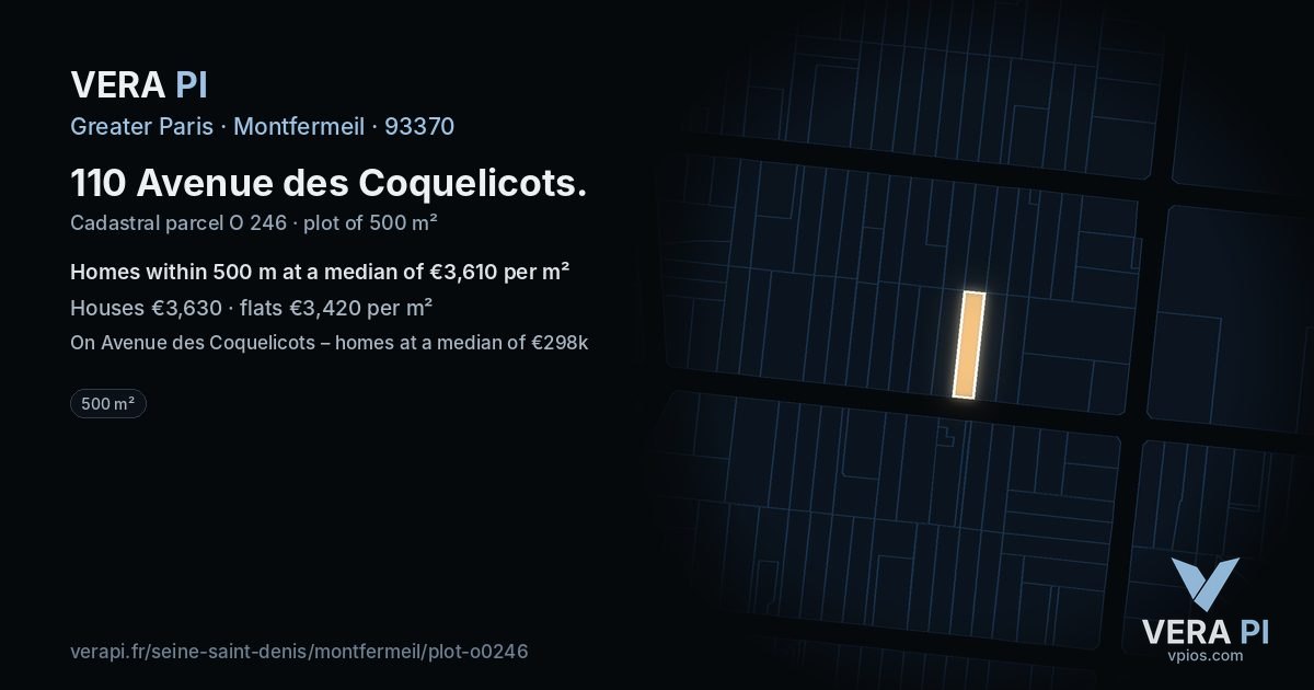 110 Avenue des Coquelicots, Montfermeil at night – the plot lit, the parcels around coloured by the prices near them
