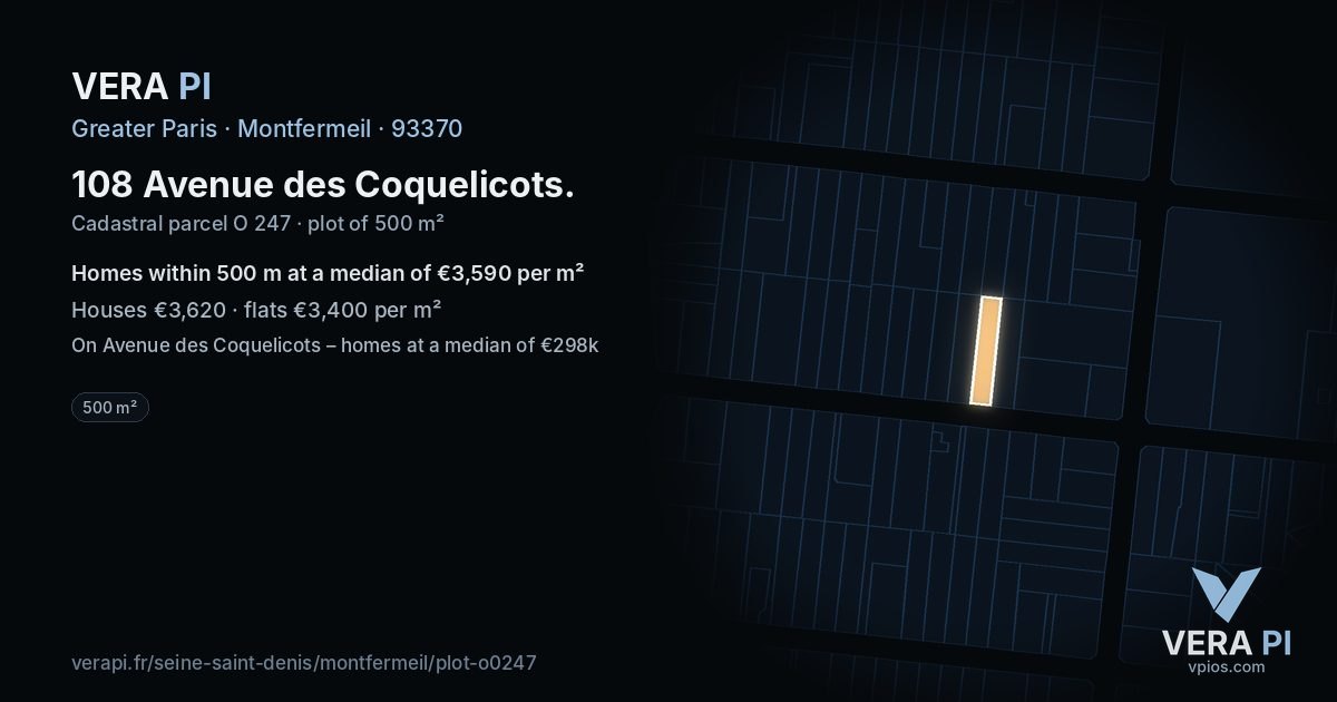 108 Avenue des Coquelicots, Montfermeil at night – the plot lit, the parcels around coloured by the prices near them